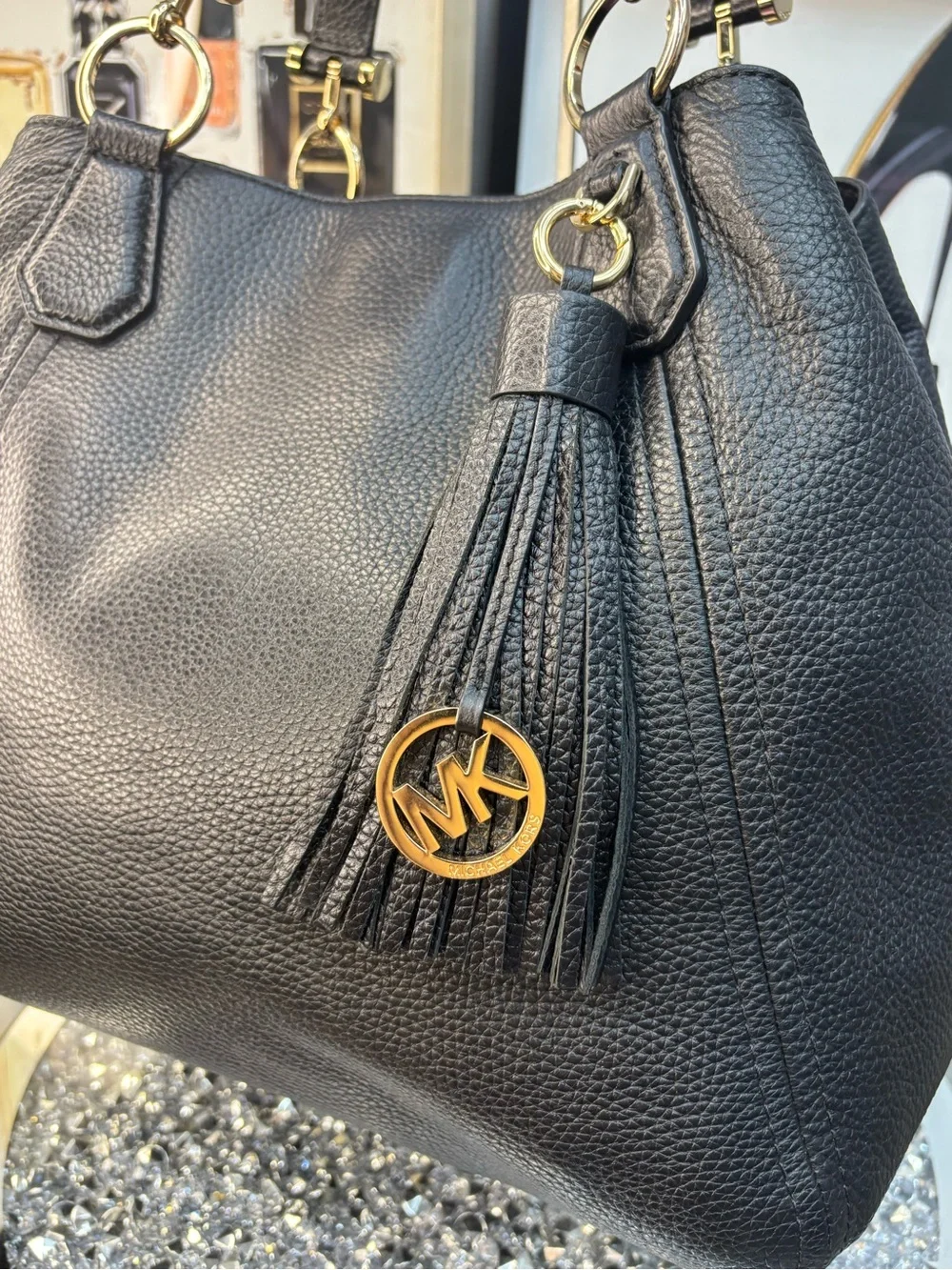Michael Kors Black Pebbled Leather Tote with Tassel